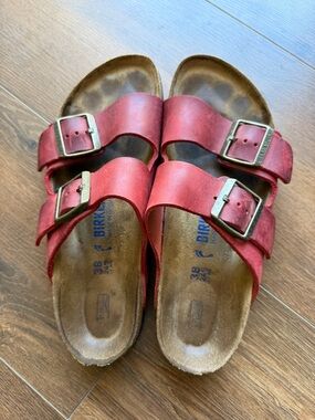 Birkenstock Ladies Oiled Red Arizona Two-Strap Sandals-‘comfort footbed’